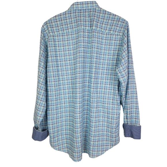 BUGATCHI Shirt Mens Medium Blue Plaid Long Sleeve Flip Cuff Preppy Button Up - Picture 2 of 9